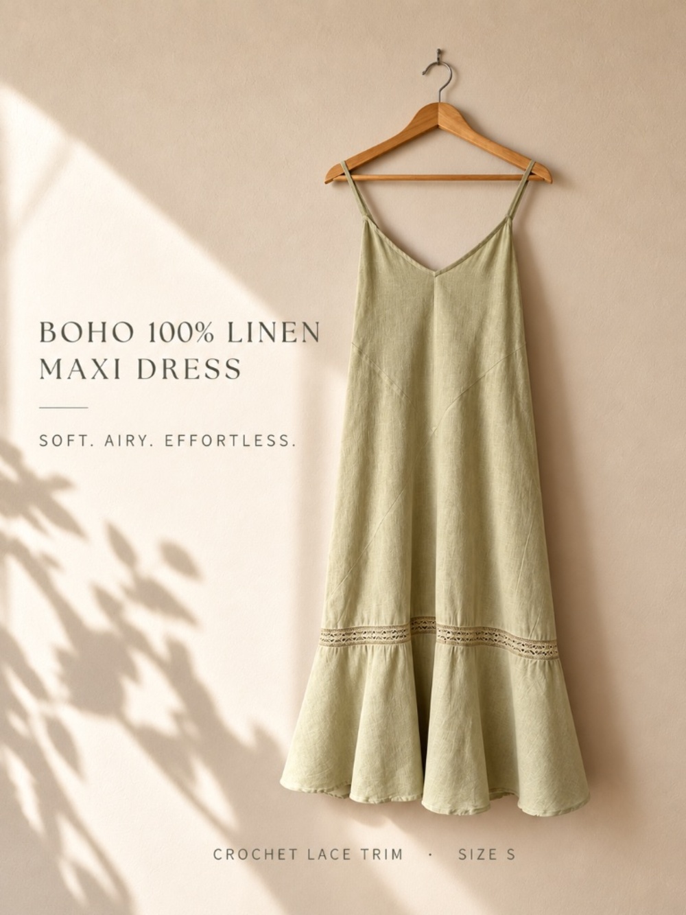 Boho 100% Linen Maxi Dress with Crochet Lace Trim Size S